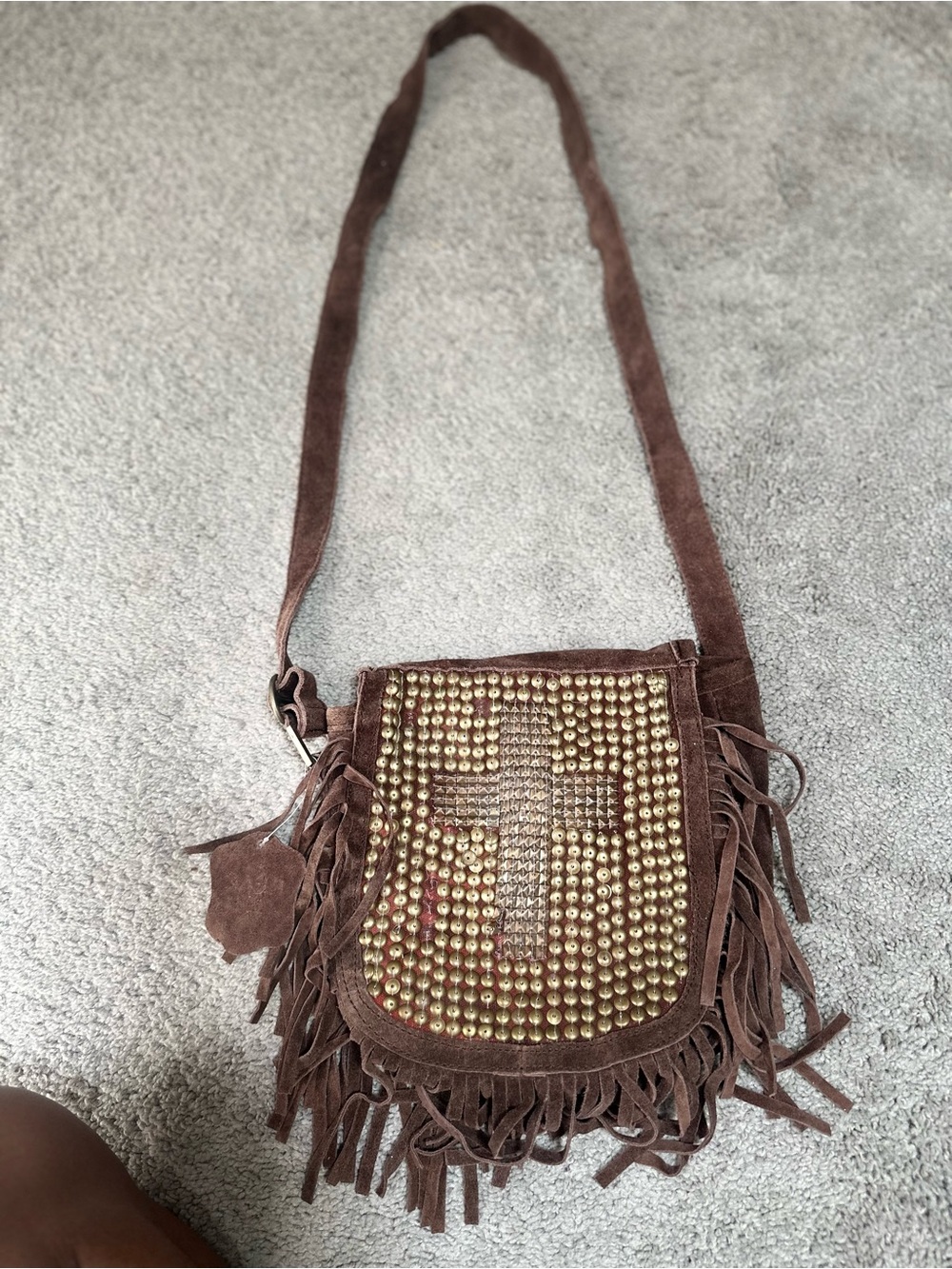 Ecote Brown Suede Fringe Crossbody with Gold Studs